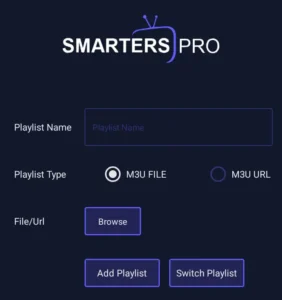 Interface de l’application iptv Smarters pro sur une Smart TV pour diffuser une liste M3U avec un code IPTV.