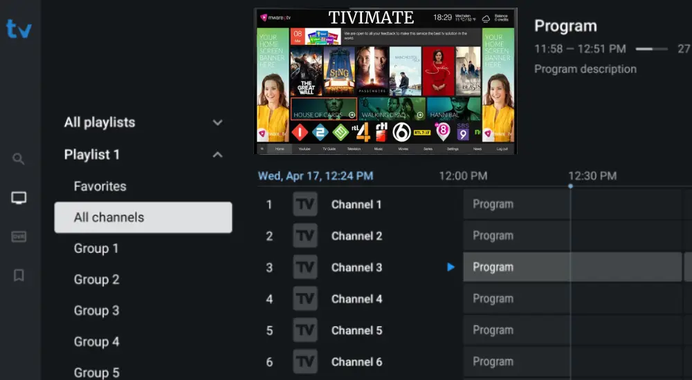 Interface TiviMate Premium sur Android TV avec guide EPG et liste des chaînes